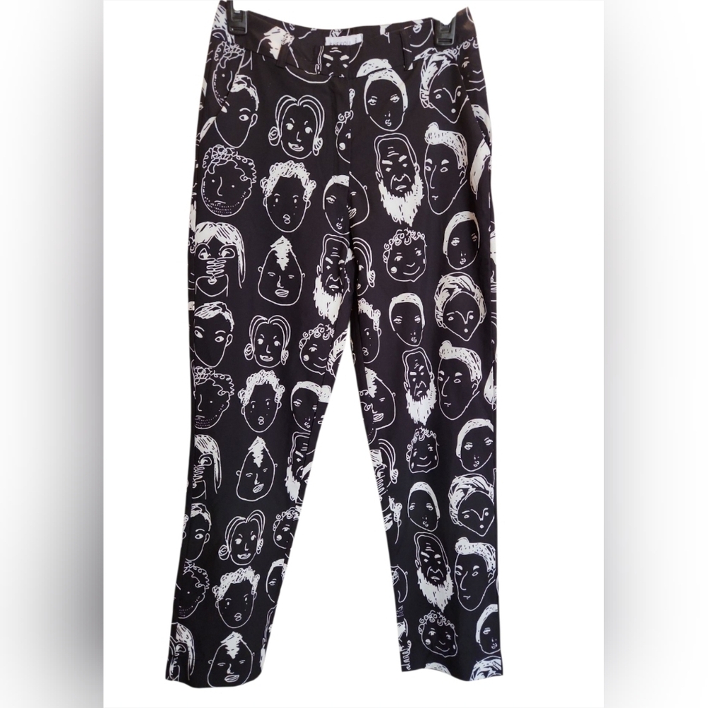 SHEKOU Abstract Pants Faces Black White Women's Sz XS